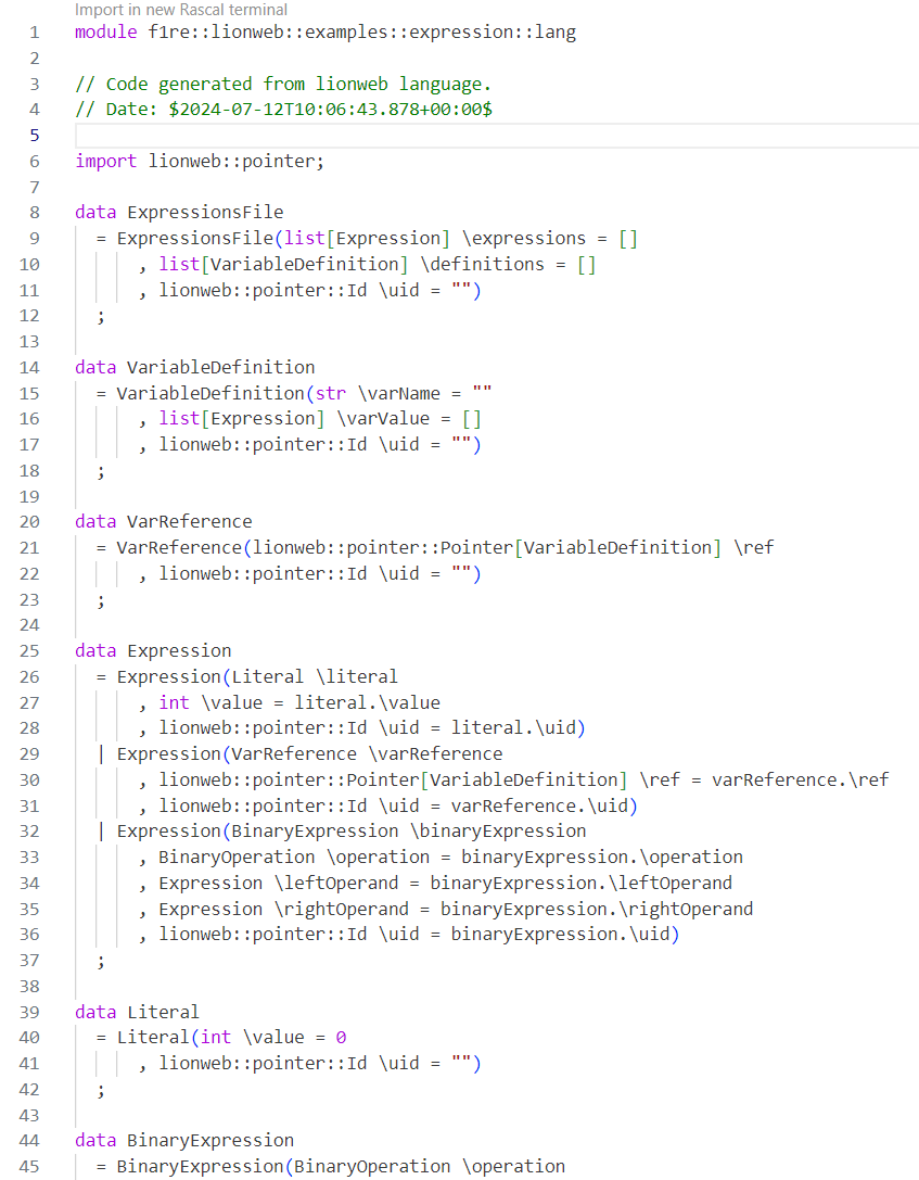 ADT of the Expressions language generated from the imported LionWeb language (M2)
