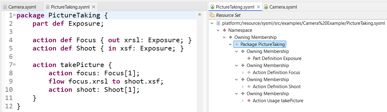 An example of a SysML v2 model in Eclipse (Xtext-based pilot implementation and its visualization)
