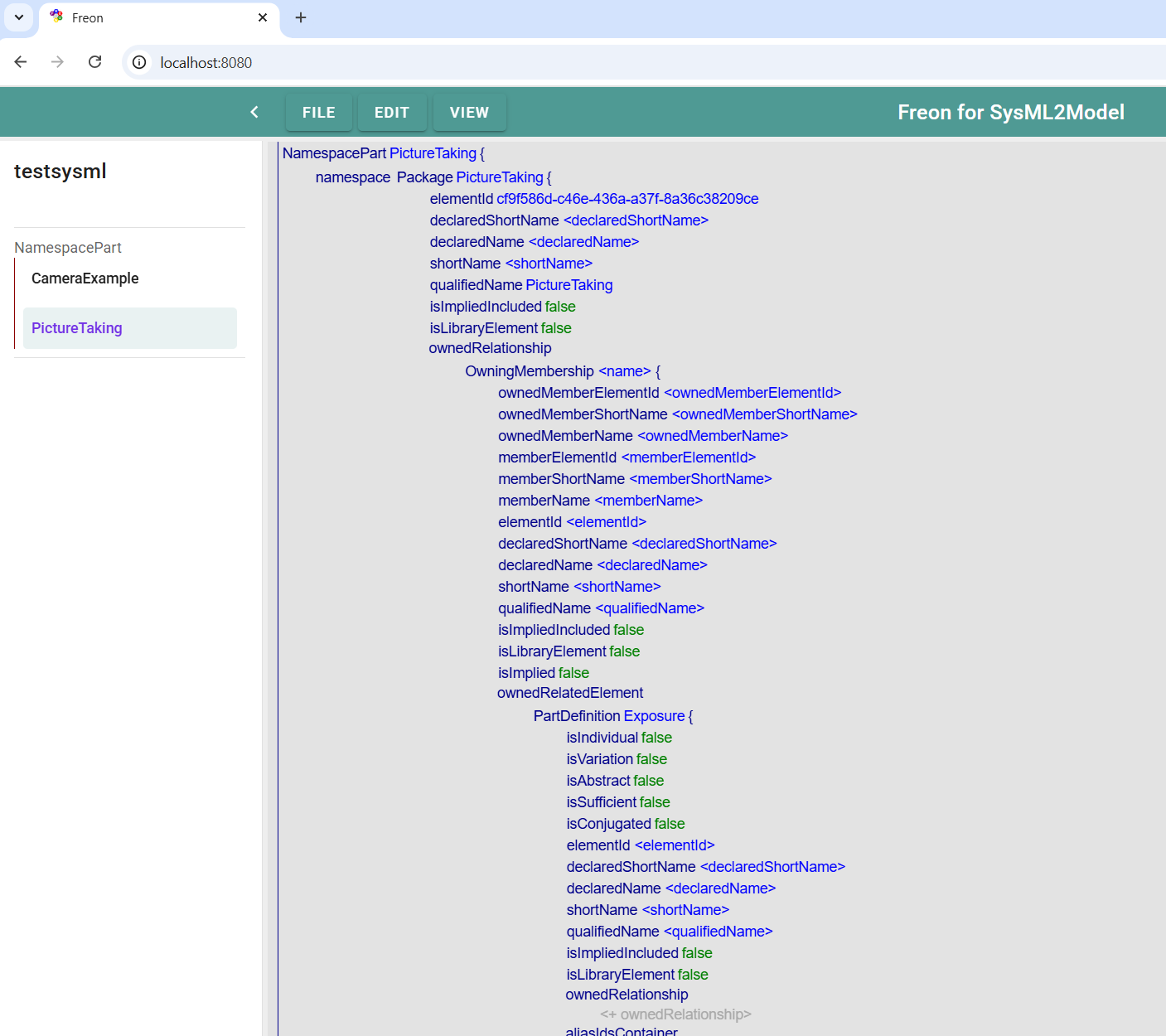 An example of a SysML v2 model in Freon (default projection editor)