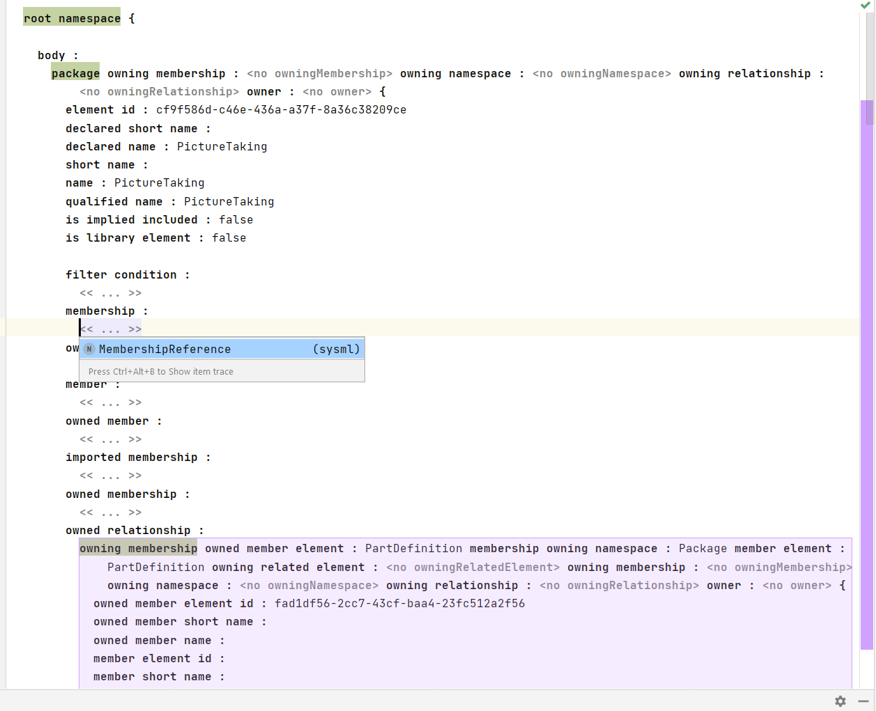 An example of a SysML v2 model in MPS (default reflective editor)